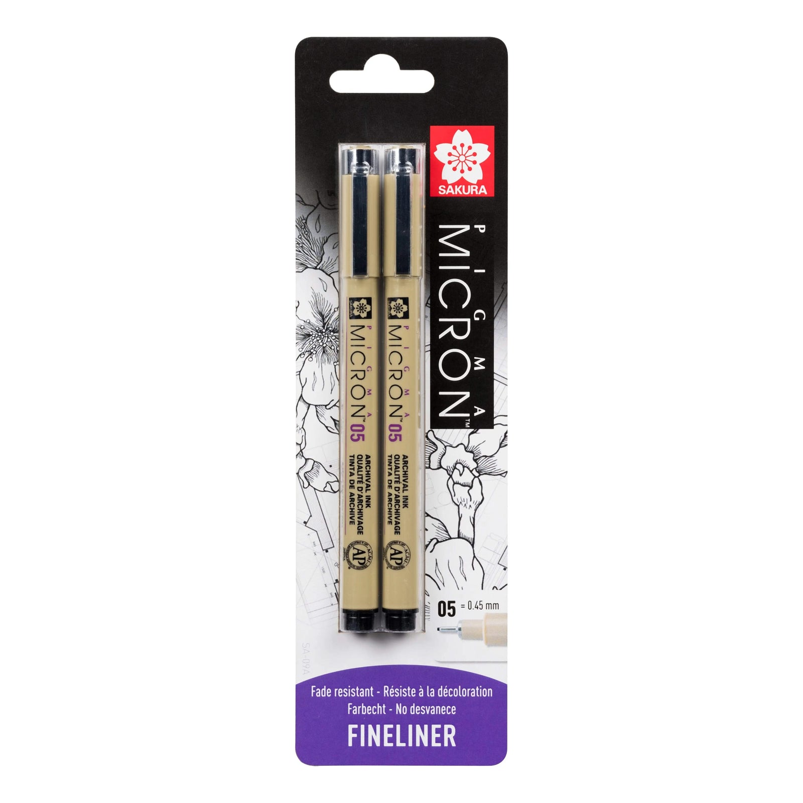 Sakura Pigma Micron 05, Schwarz, 0,45-mm, Blisterpackung, 2 Stück - Kidis Art