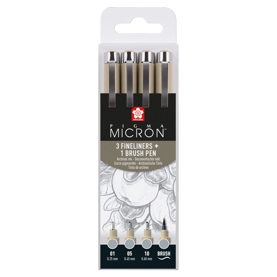 Sakura Pigma Micron Fineliner-Set | 4 Größen, Kaltgrau Hell