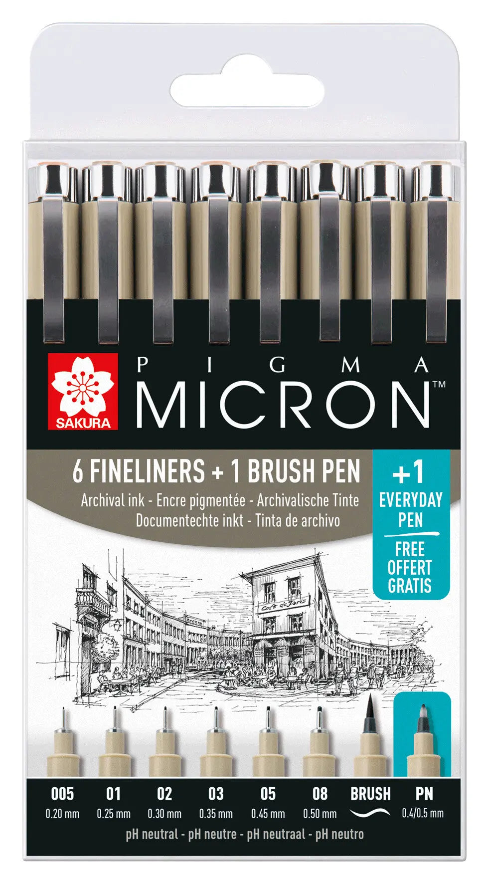 Sakura Pigma Micron Promotion-Set, Etui mit 7 Finelinern in Schwarz + 1 gratis Pigma Micron PN