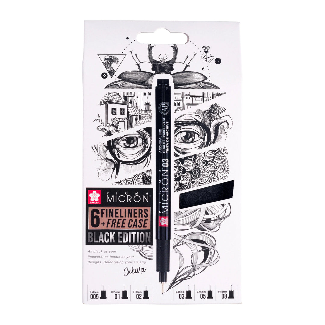 Sakura Pigma Micron Schwarz Edition Set + gratis Stiftetui | 6 Größen, schwarz