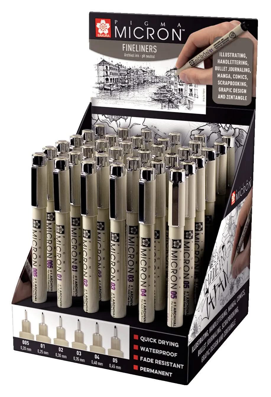 Sakura Pigma Micron Schwarz, Aussteller mit 36 Stück - Kidis Art