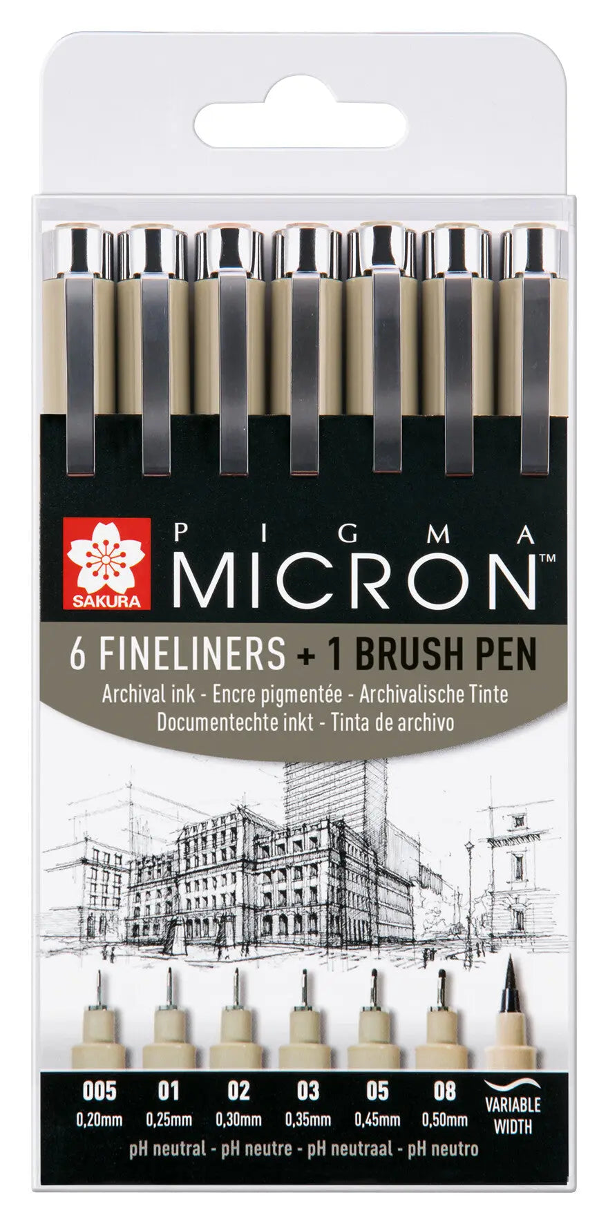 Sakura Pigma Micron, Set mit 6 Finelinern + 1 Pigma Brush