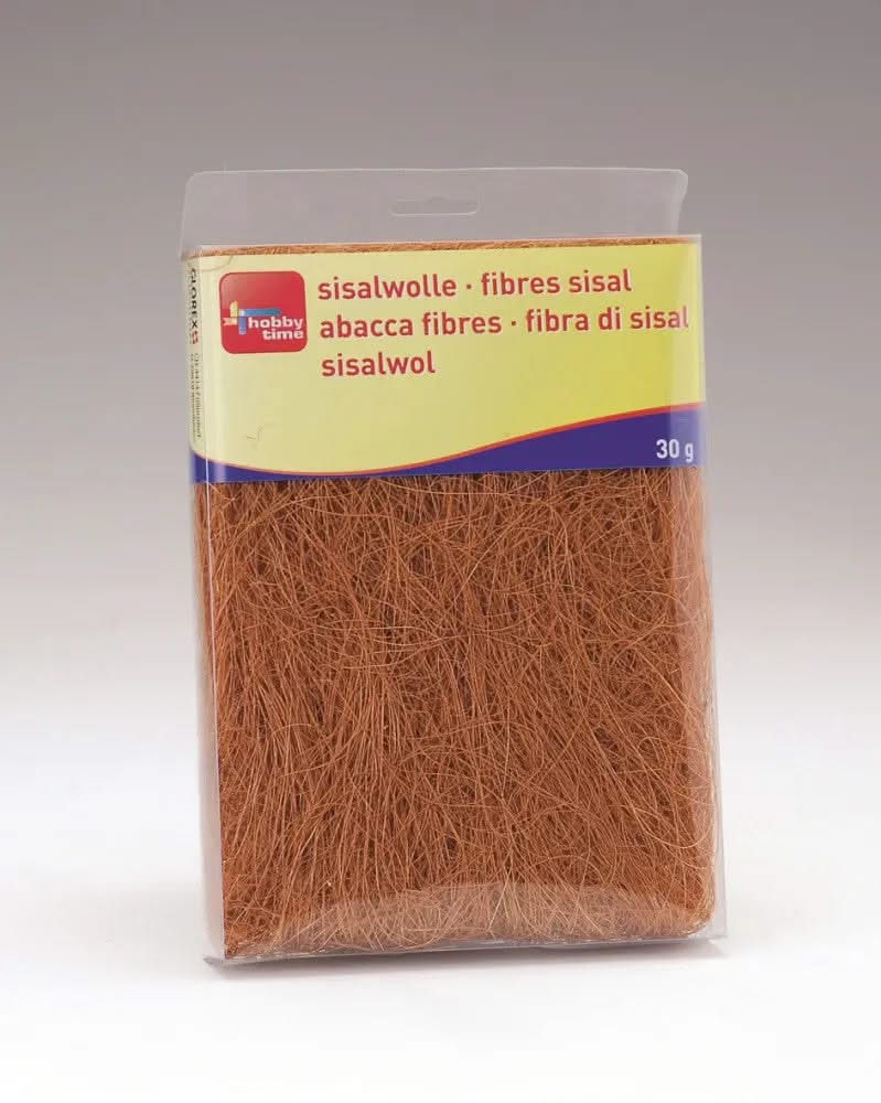 hellbraunes Sisalgras in transparenter PVC-Box mit gelbem Etikett, feine Naturfasertextur