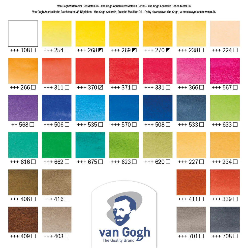 Van Gogh Aquarell-Set im Metallkasten mit 36 Farben in halbe Näpfchen + 1 Pinsel Van Gogh