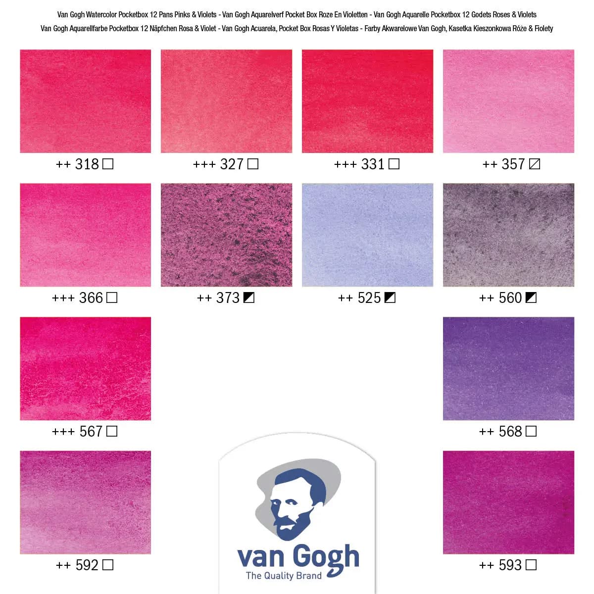 Van Gogh Aquarellfarbkasten Rosa- und Violett-Töne mit 12 Farben in halbe Näpfchen - Kidis Art