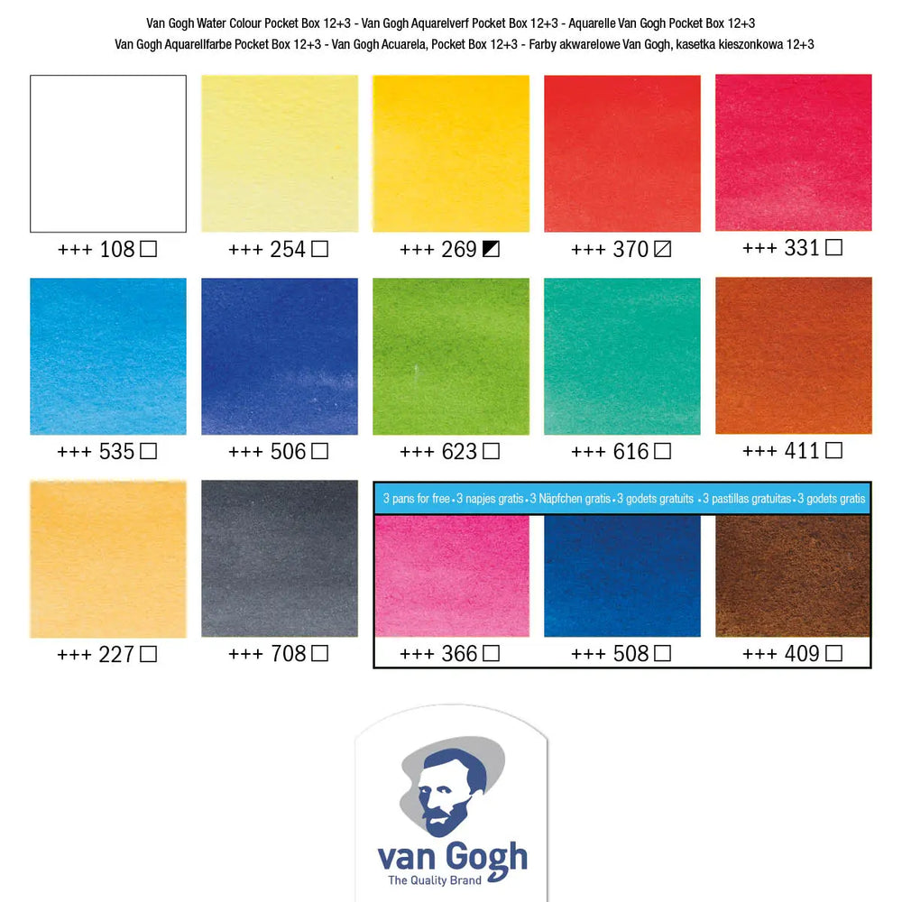 Van Gogh Basiskasten Aquarellfarben mit 12 Farben in halbe Näpfchen + 3 Farben gratis Van Gogh