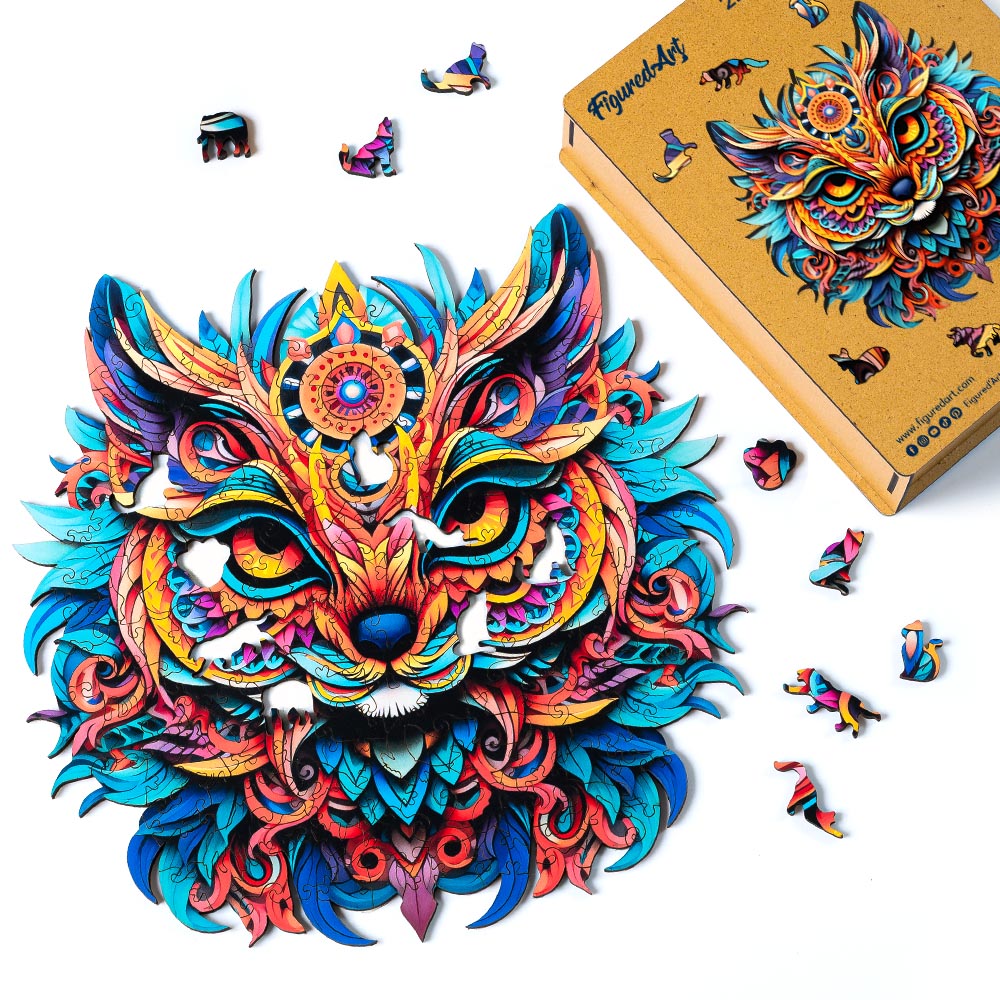 Holzpuzzle 2D Design Lebendiges Katzen-Mandala