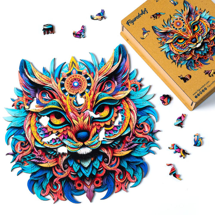Holzpuzzle 2D Design Lebendiges Katzen-Mandala