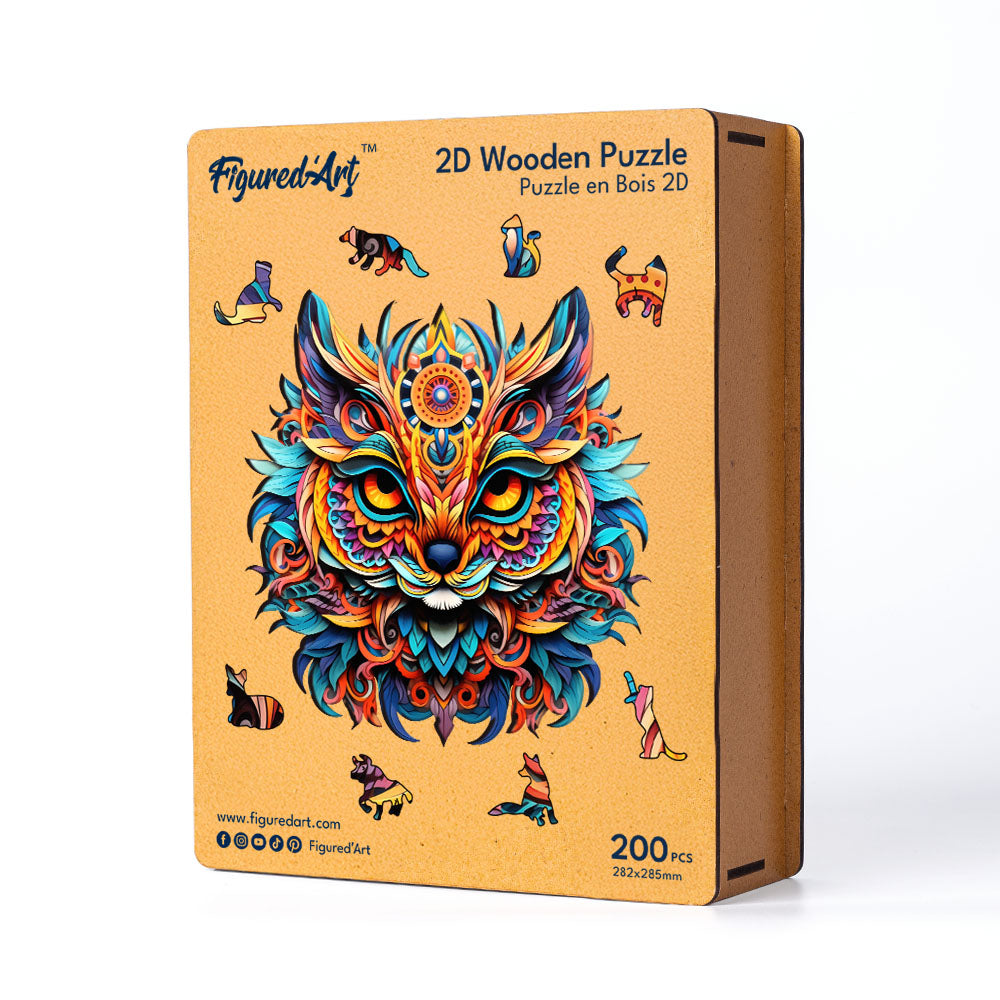 Holzpuzzle 2D Design Lebendiges Katzen-Mandala