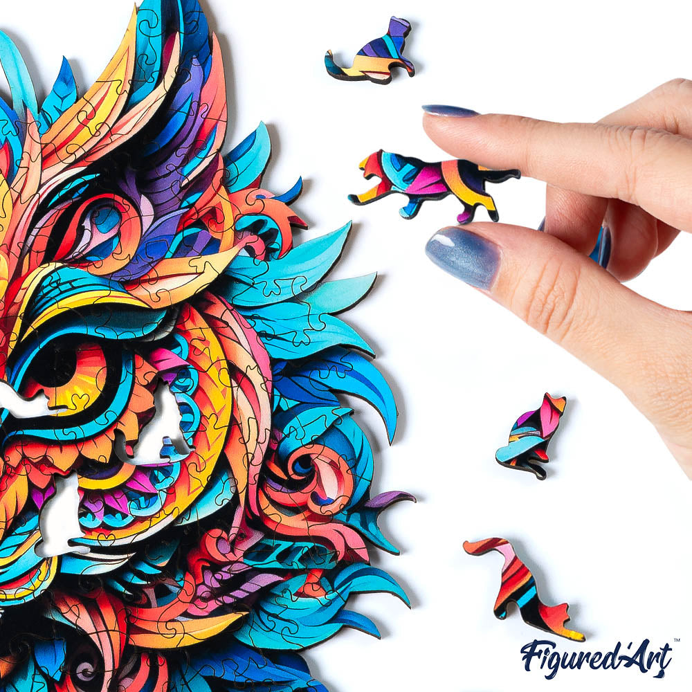 Holzpuzzle 2D Design Lebendiges Katzen-Mandala