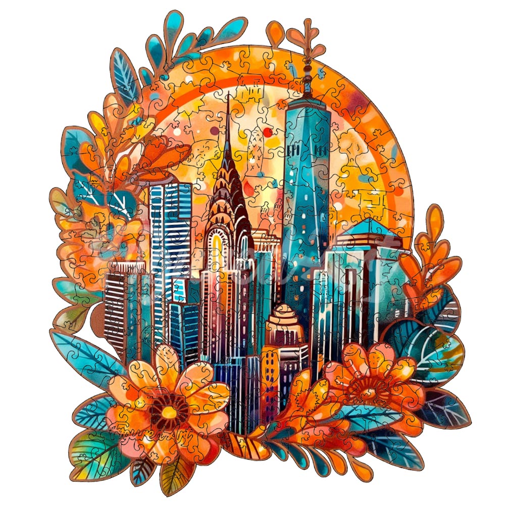 Holzpuzzle 2D Design – Blumige Stadtlandschaft
