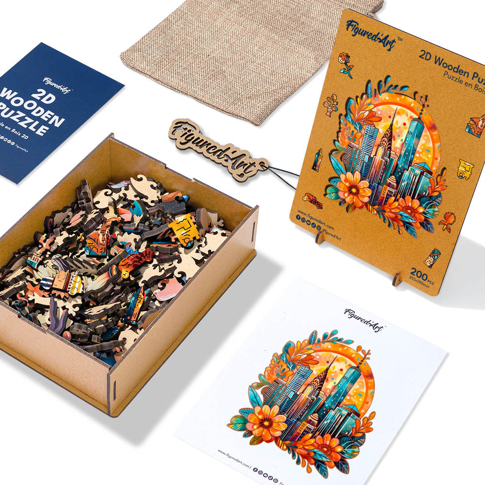 Holzpuzzle 2D Design – Blumige Stadtlandschaft
