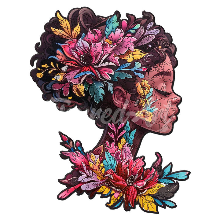 Holzpuzzle 2D Design – Blumiges Frauenporträt