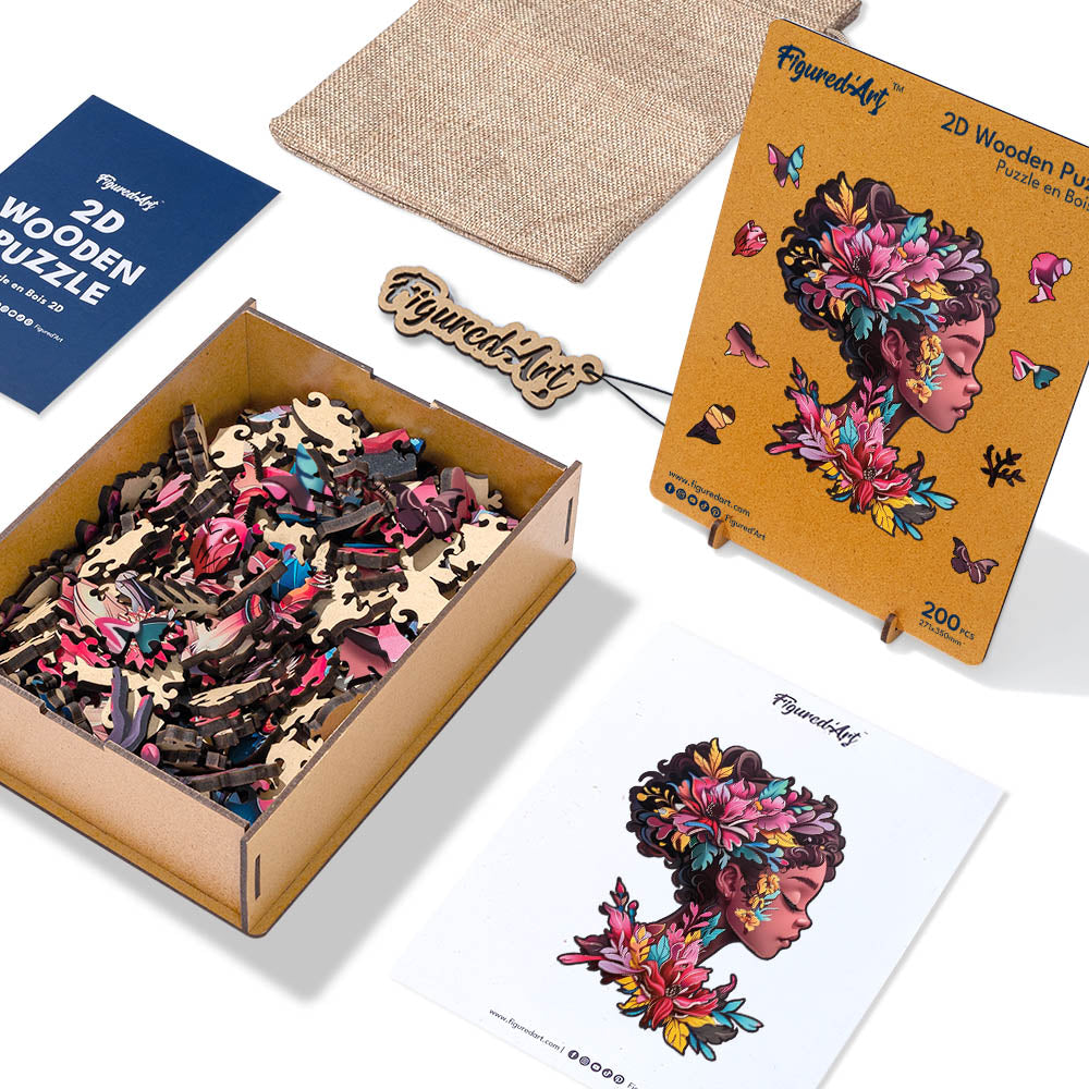 Holzpuzzle 2D Design – Blumiges Frauenporträt - Kidis Art