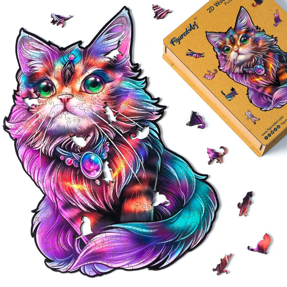 Holzpuzzle 2D Design – Bunte Katze mit Edelstein - Kidis Art