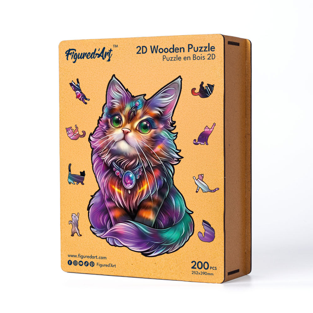 Holzpuzzle 2D Design – Bunte Katze mit Edelstein - Kidis Art