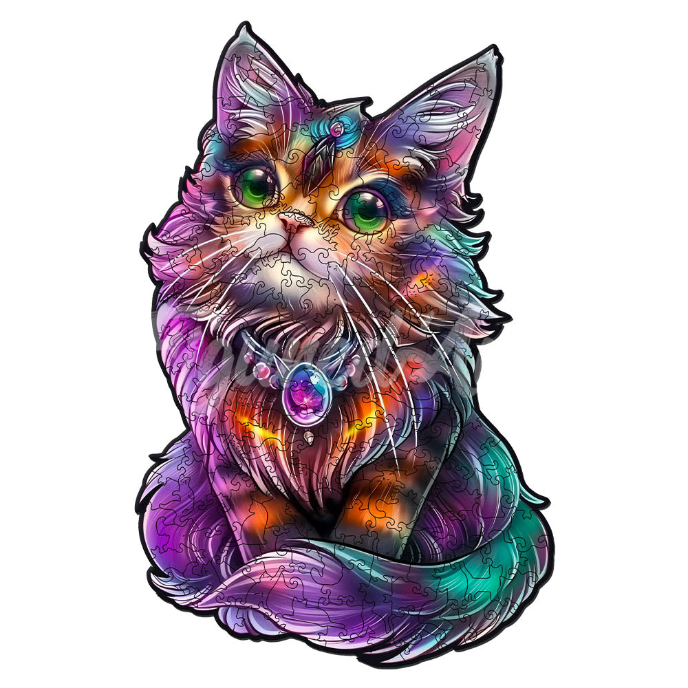 Holzpuzzle 2D Design – Bunte Katze mit Edelstein - Kidis Art