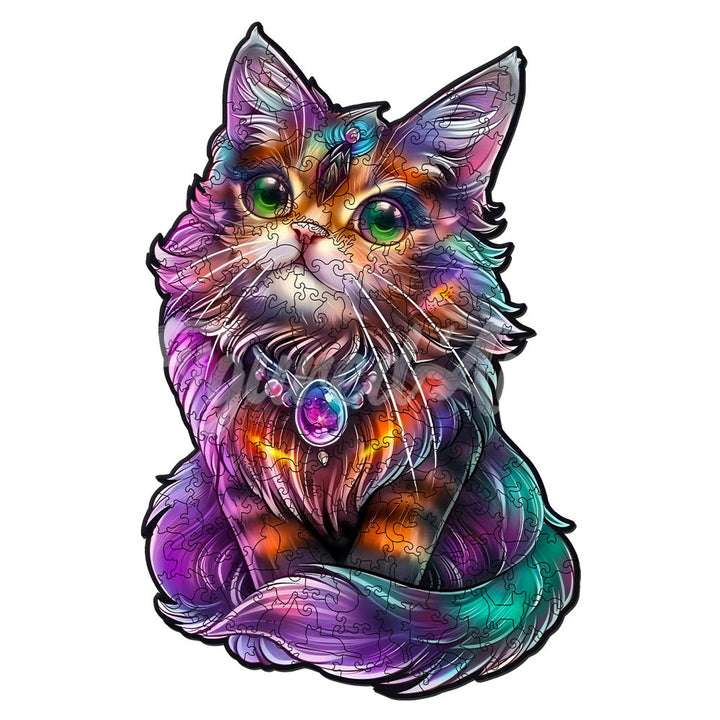 Holzpuzzle 2D Design – Bunte Katze mit Edelstein