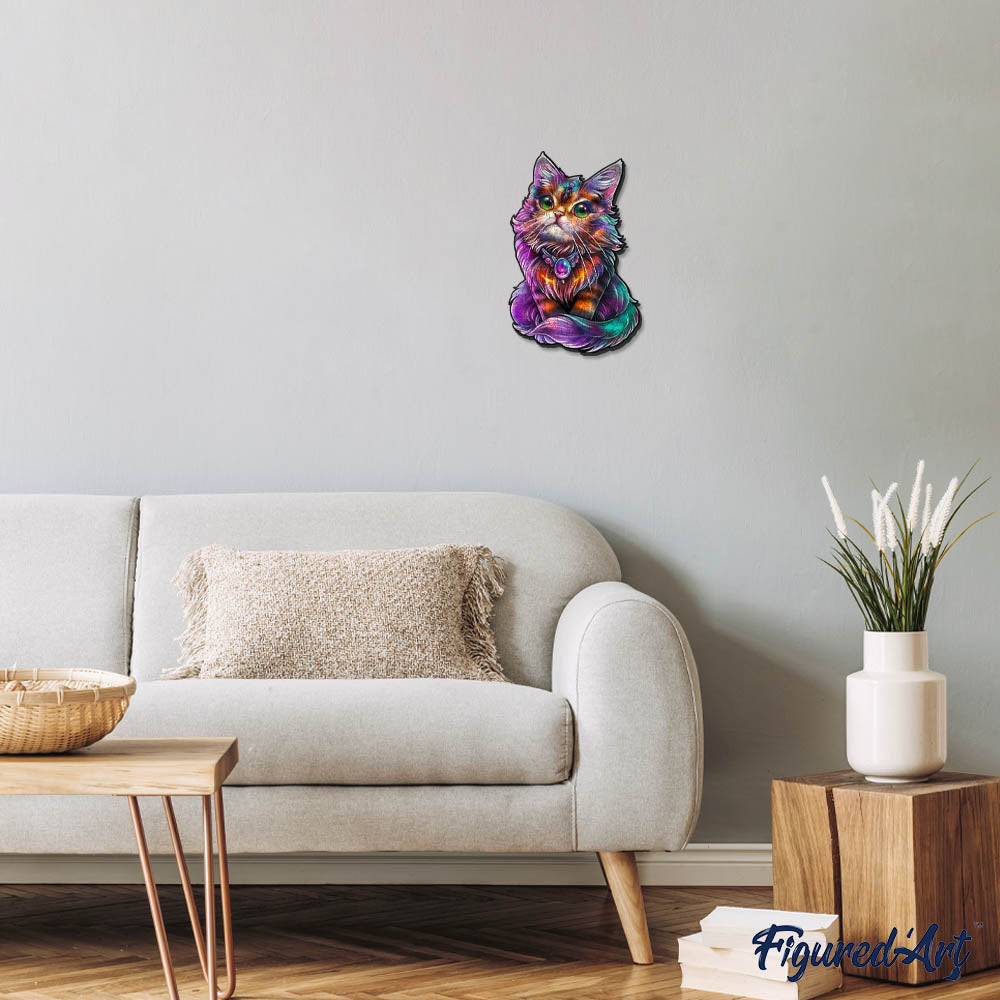 Holzpuzzle 2D Design – Bunte Katze mit Edelstein - Kidis Art