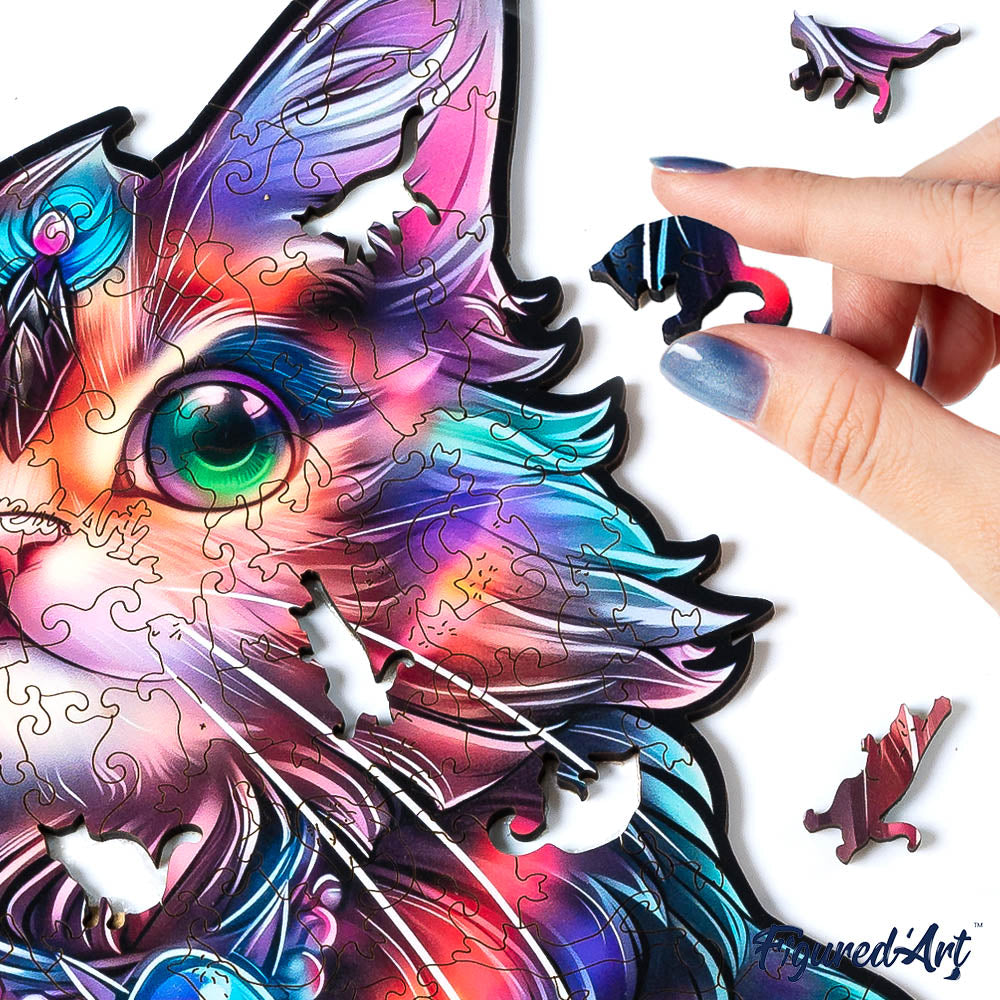 Holzpuzzle 2D Design – Bunte Katze mit Edelstein - Kidis Art
