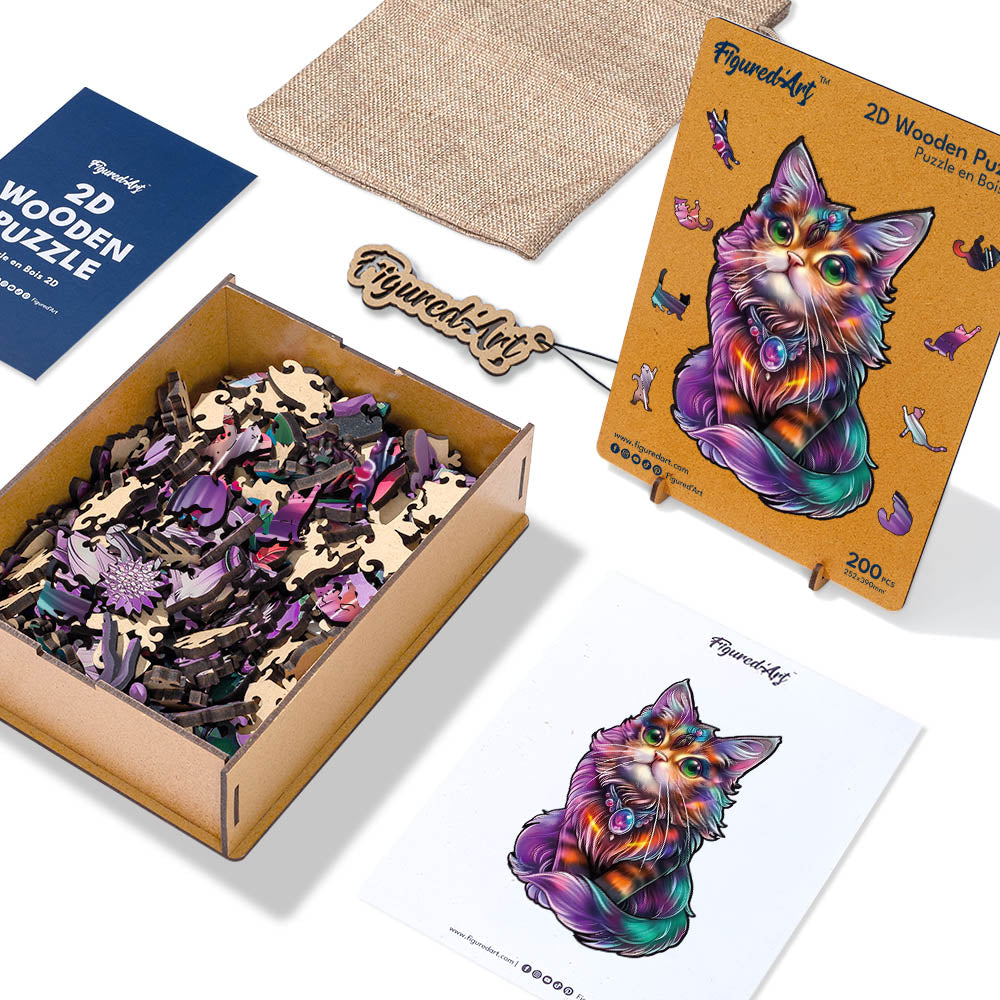 Holzpuzzle 2D Design – Bunte Katze mit Edelstein - Kidis Art
