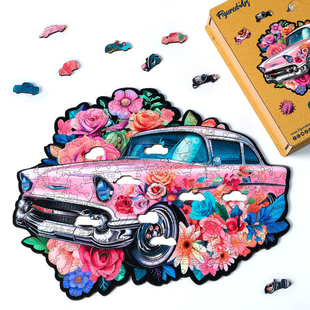 Holzpuzzle 2D Design – Vintage-Blumenauto - Kidis Art