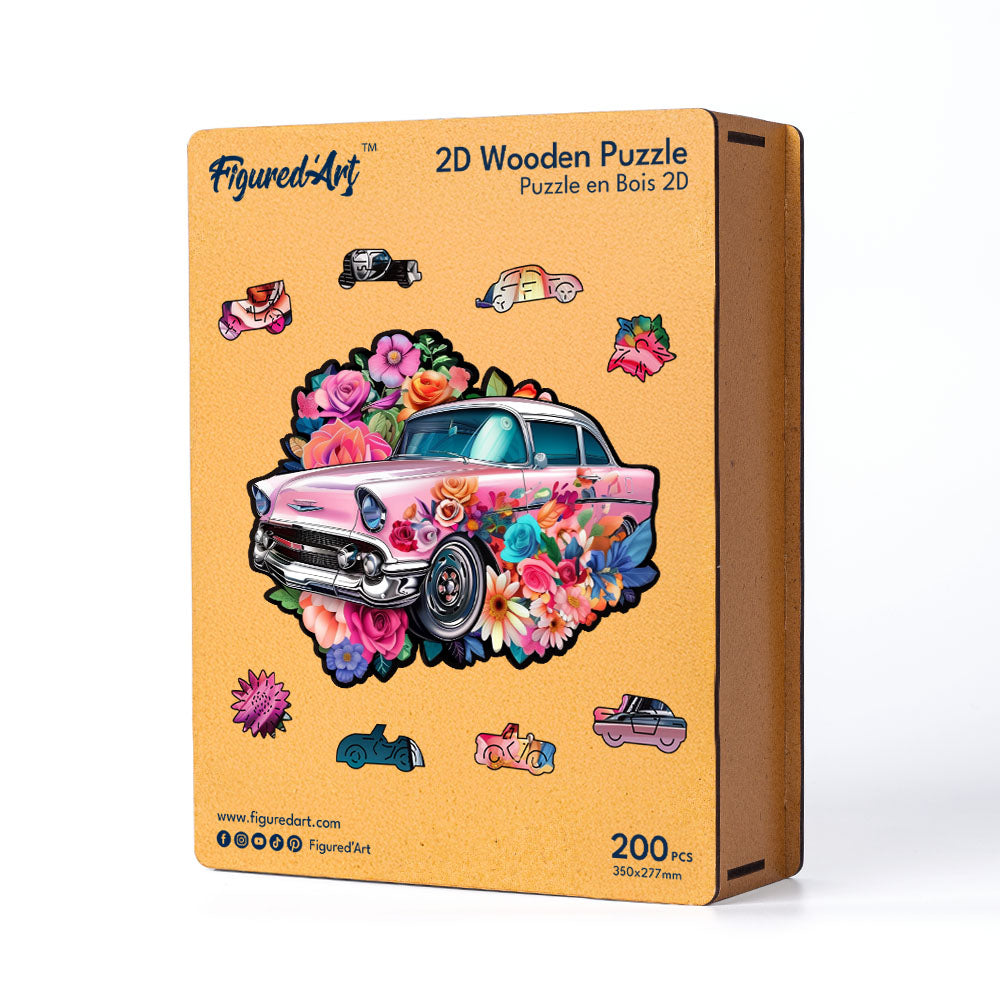 Holzpuzzle 2D Design – Vintage-Blumenauto