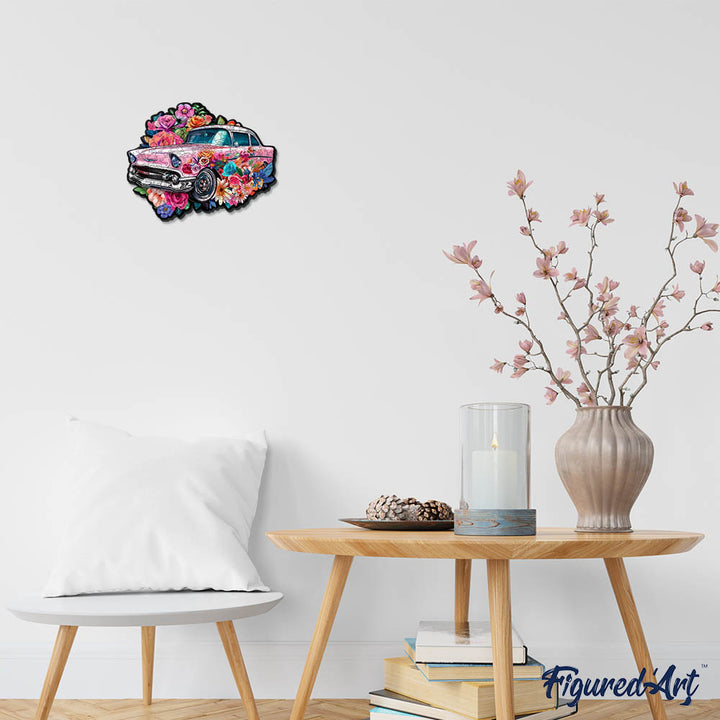 Holzpuzzle 2D Design – Vintage-Blumenauto