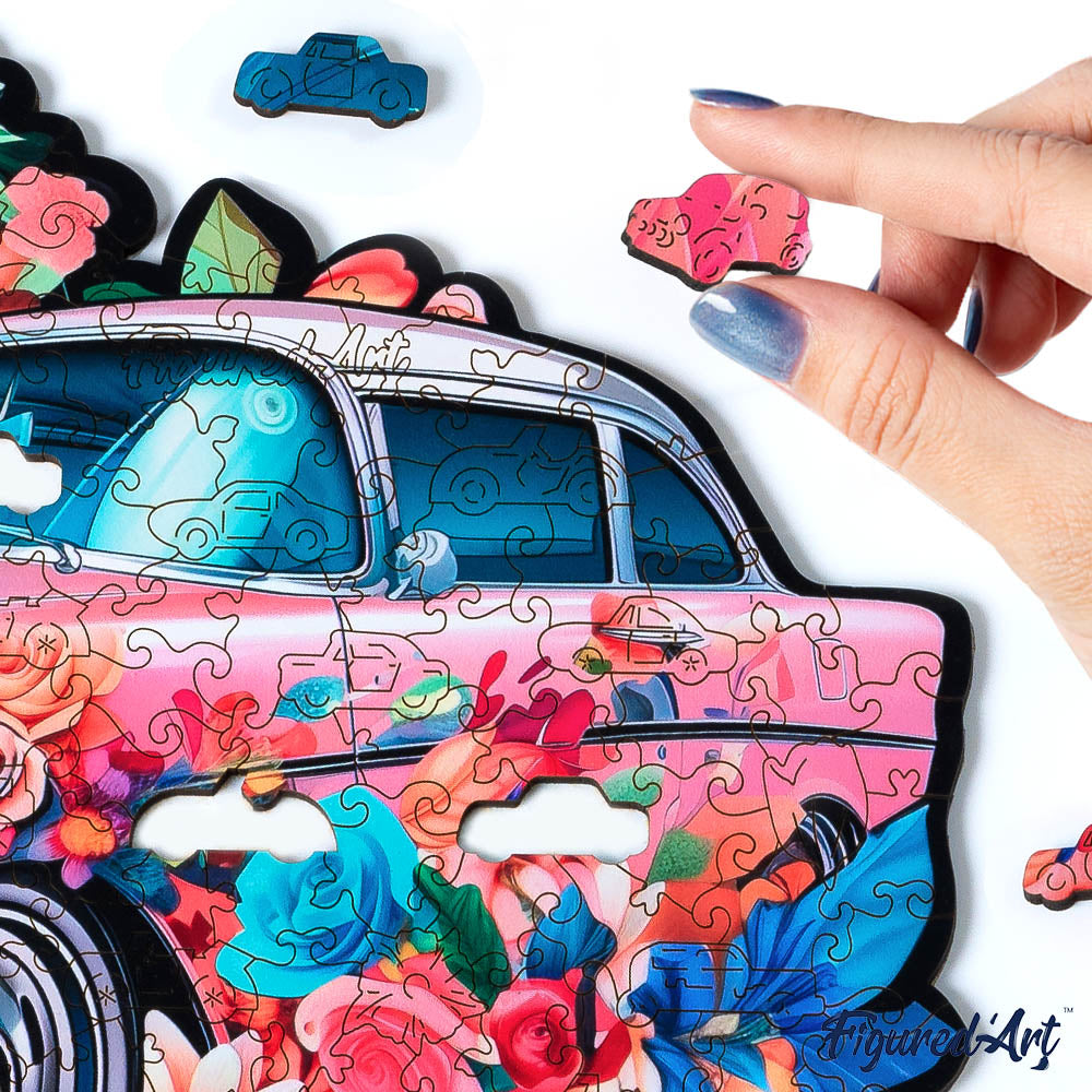 Holzpuzzle 2D Design – Vintage-Blumenauto