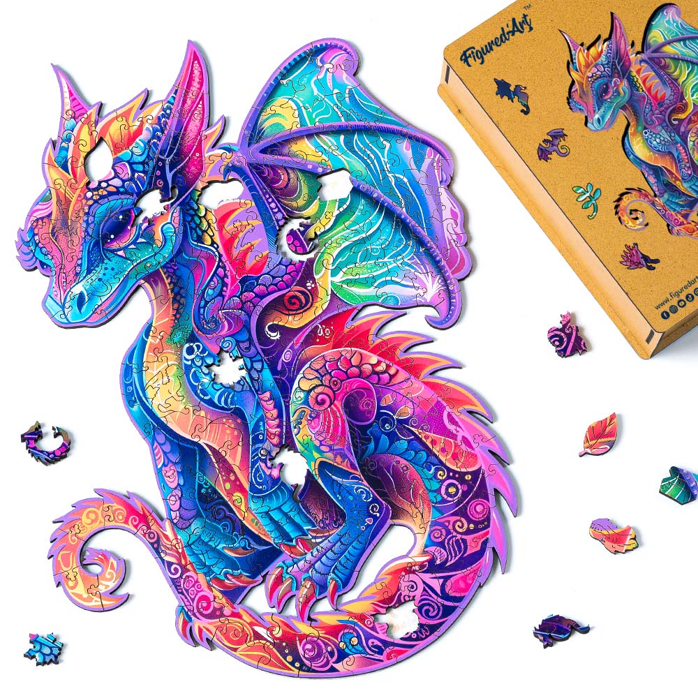Holzpuzzle 2D Design – Vibrierender Drache - Kidis Art