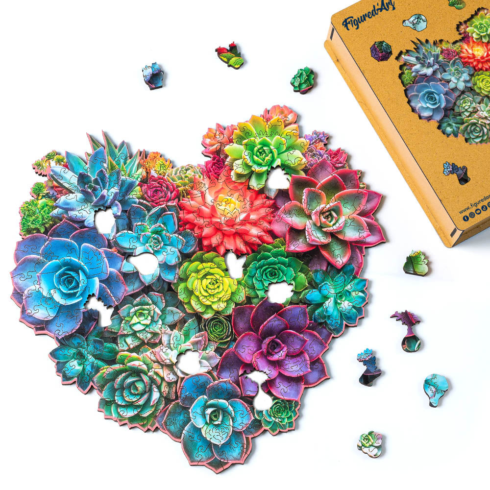 Holzpuzzle 2D Design – Herz aus Sukkulenten - Kidis Art