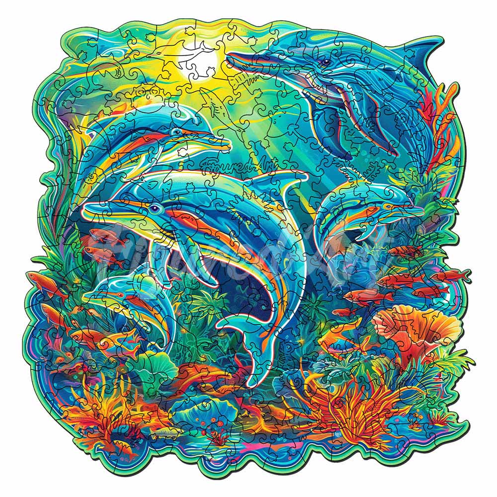 Holzpuzzle 2D Design – Delfine und Korallenriff