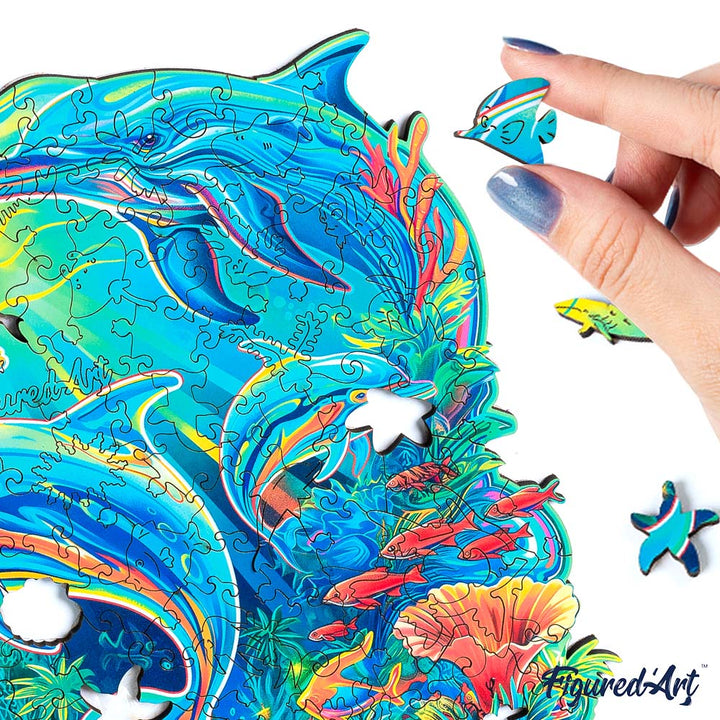 Holzpuzzle 2D Design – Delfine und Korallenriff