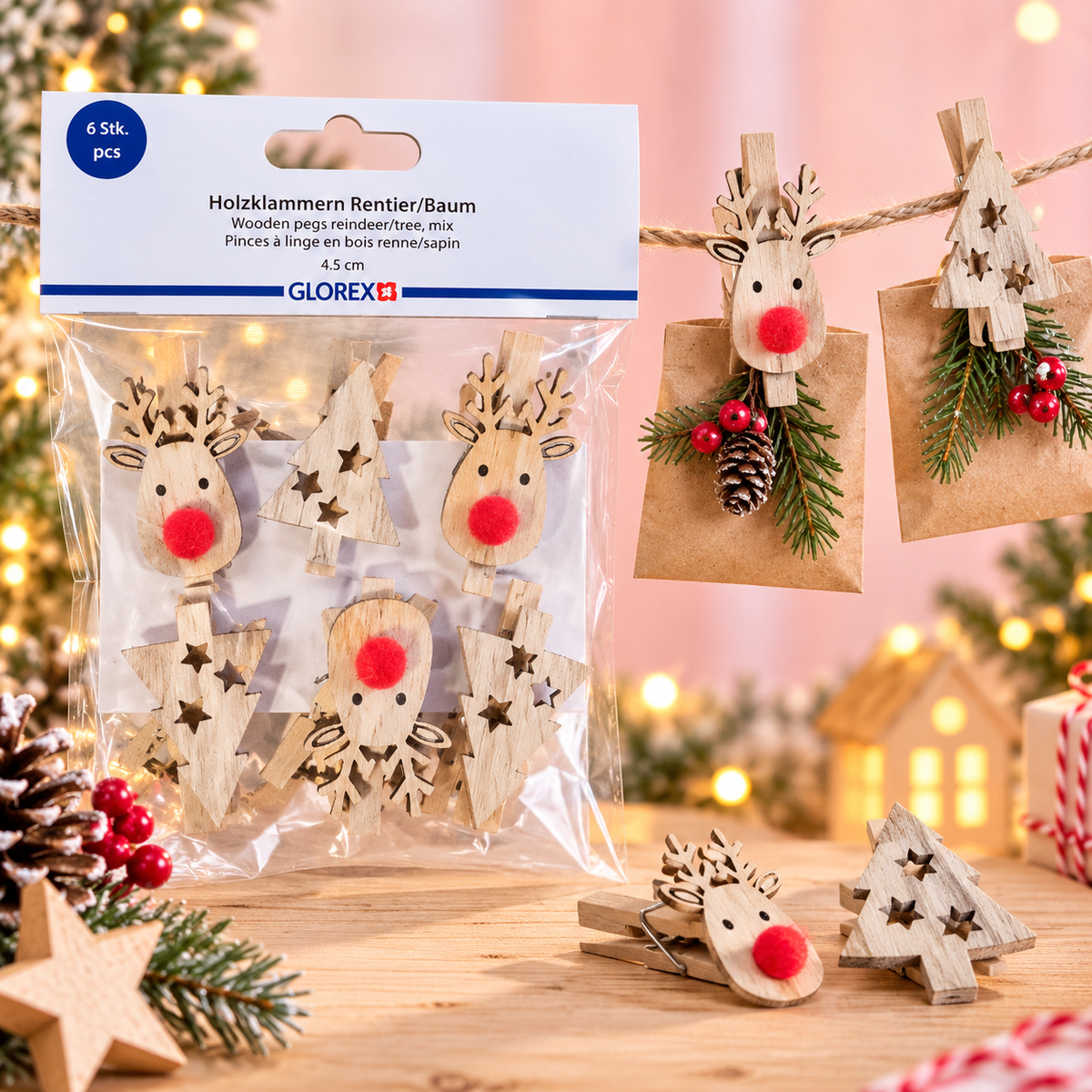 Adventskalender Klammern Rentiere mit Plüschnase