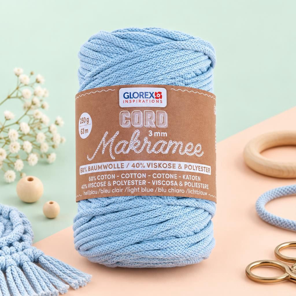 Generiert: [b420598c-3629-455c-80d1-bbbcd53929d9] Hauptbild – Makramee Cord 3mm 250g, gewebt hellblau, 60% Cotton, 40% Vis.