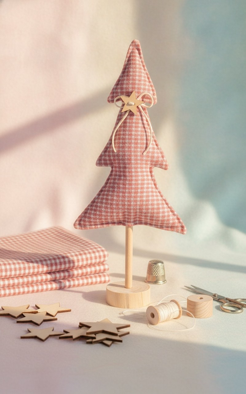 Rosa Mikro Weihnachtsbaum Deko neben Nähutensilien als DIY Idee