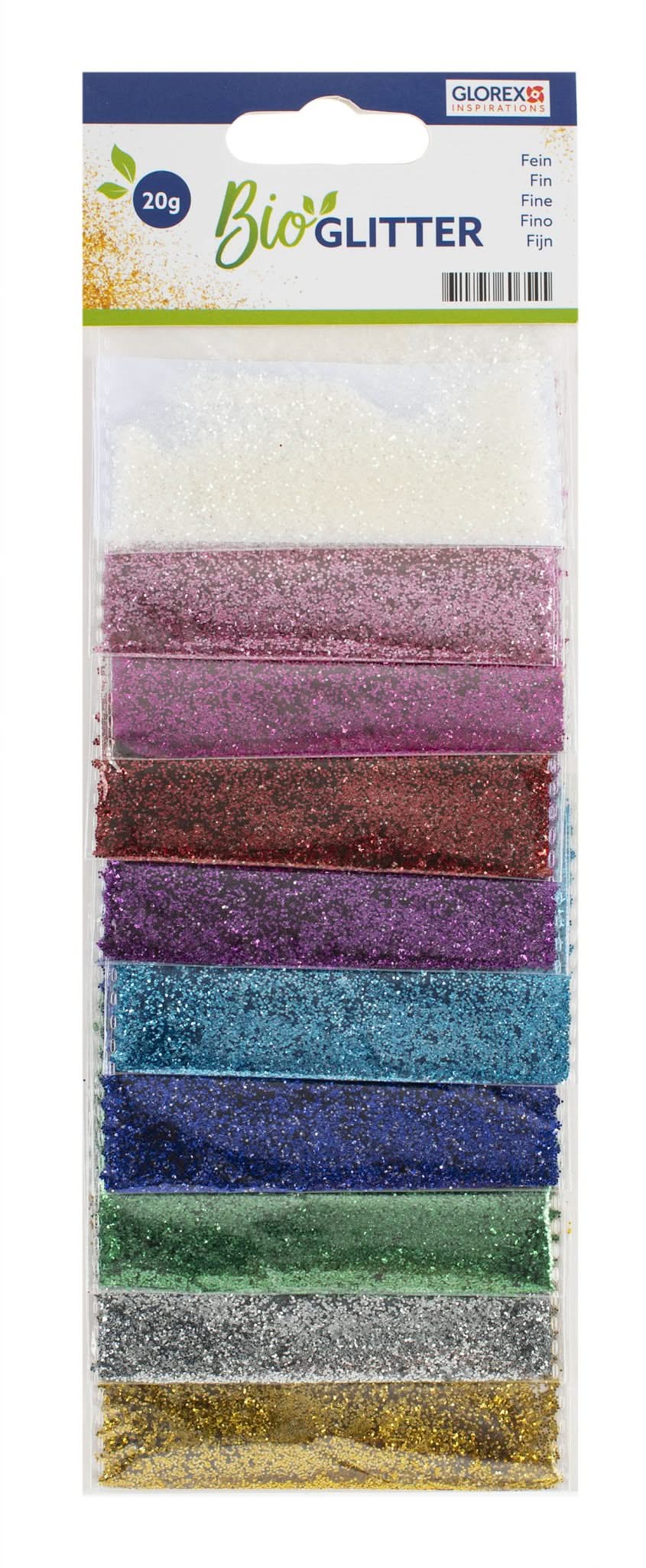 Glorex Glitter Biologico Fine, Set da 10 con dieci colori vivaci in confezione trasparente