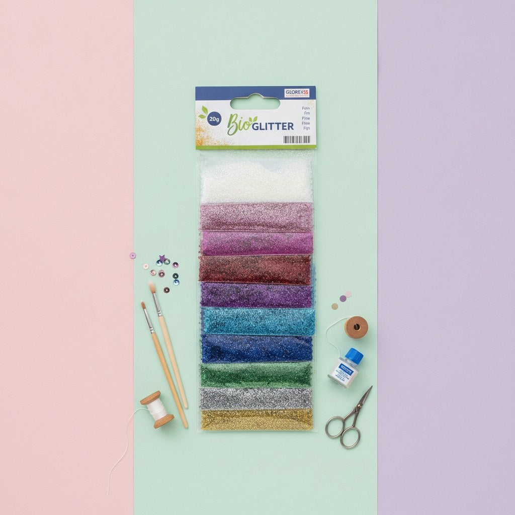 Glorex Bio Glitter fein 10er Set mit zehn bunten Farbtönen in transparenter Verpackung
