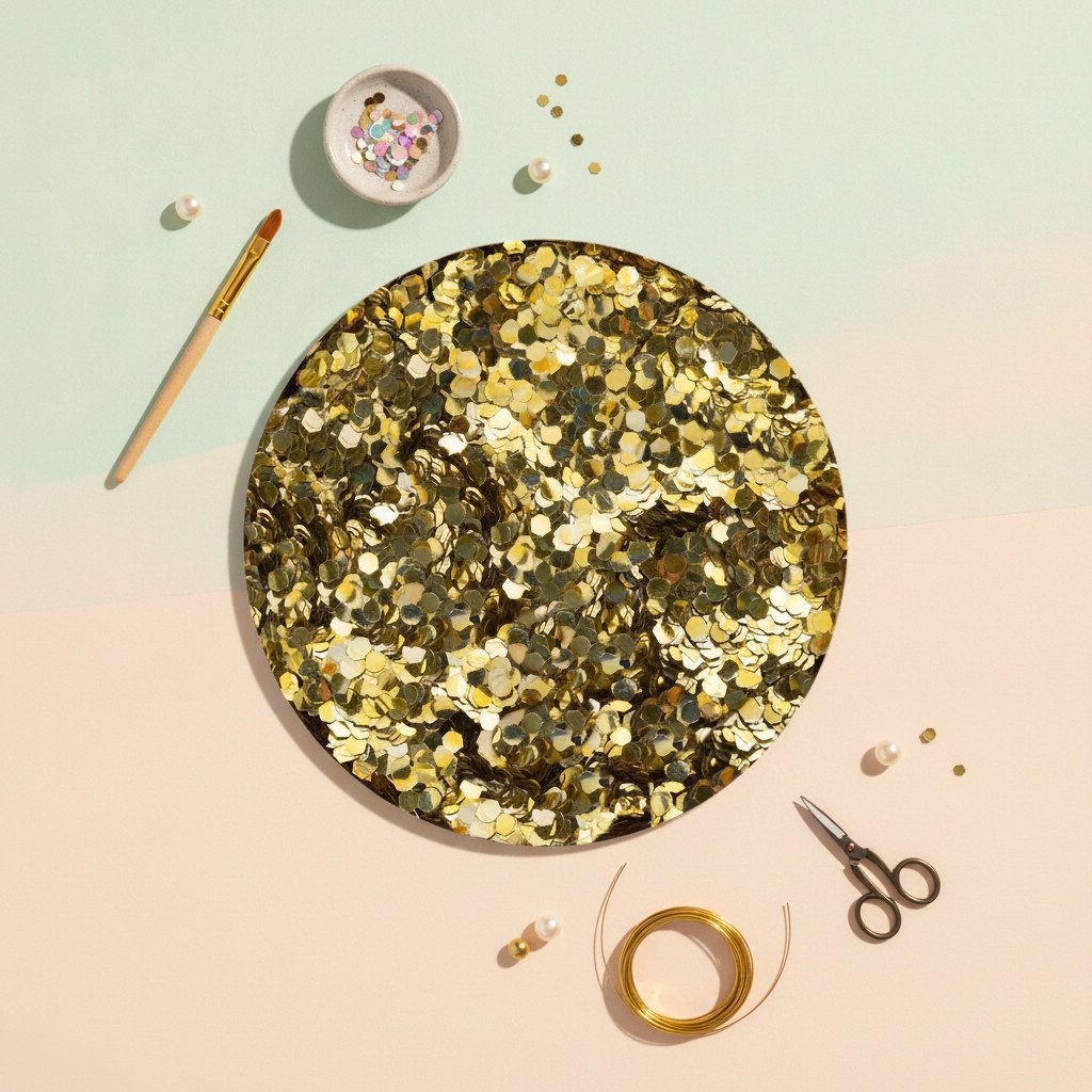 Bio Glitter fein Champagner Nahaufnahme hexagonale Form metallischer Schimmer