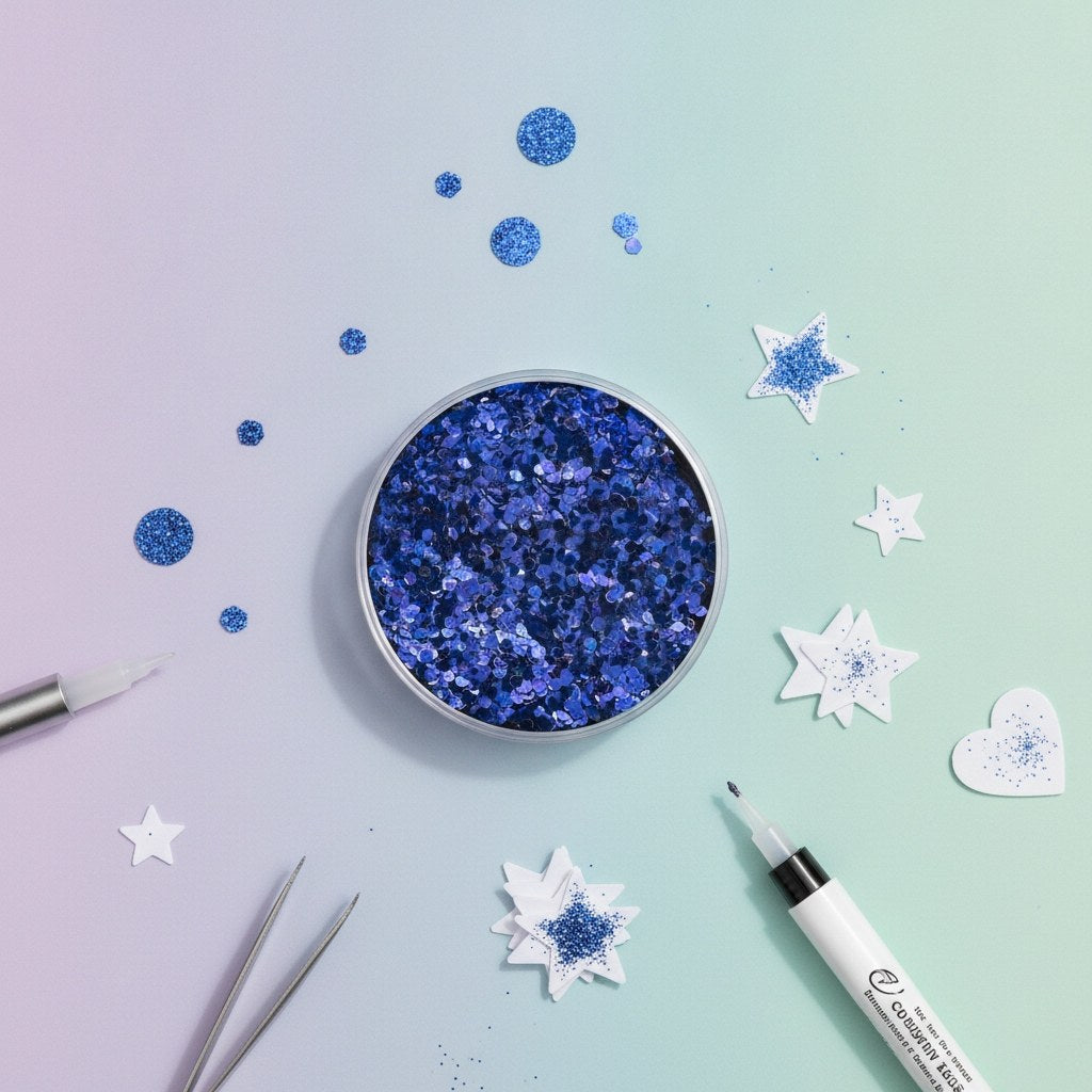 Nahaufnahme feiner dunkelblauer Bio-Glitter mit hexagonalen Partikeln und intensivem Glanz für nachhaltige DIY-Projekte