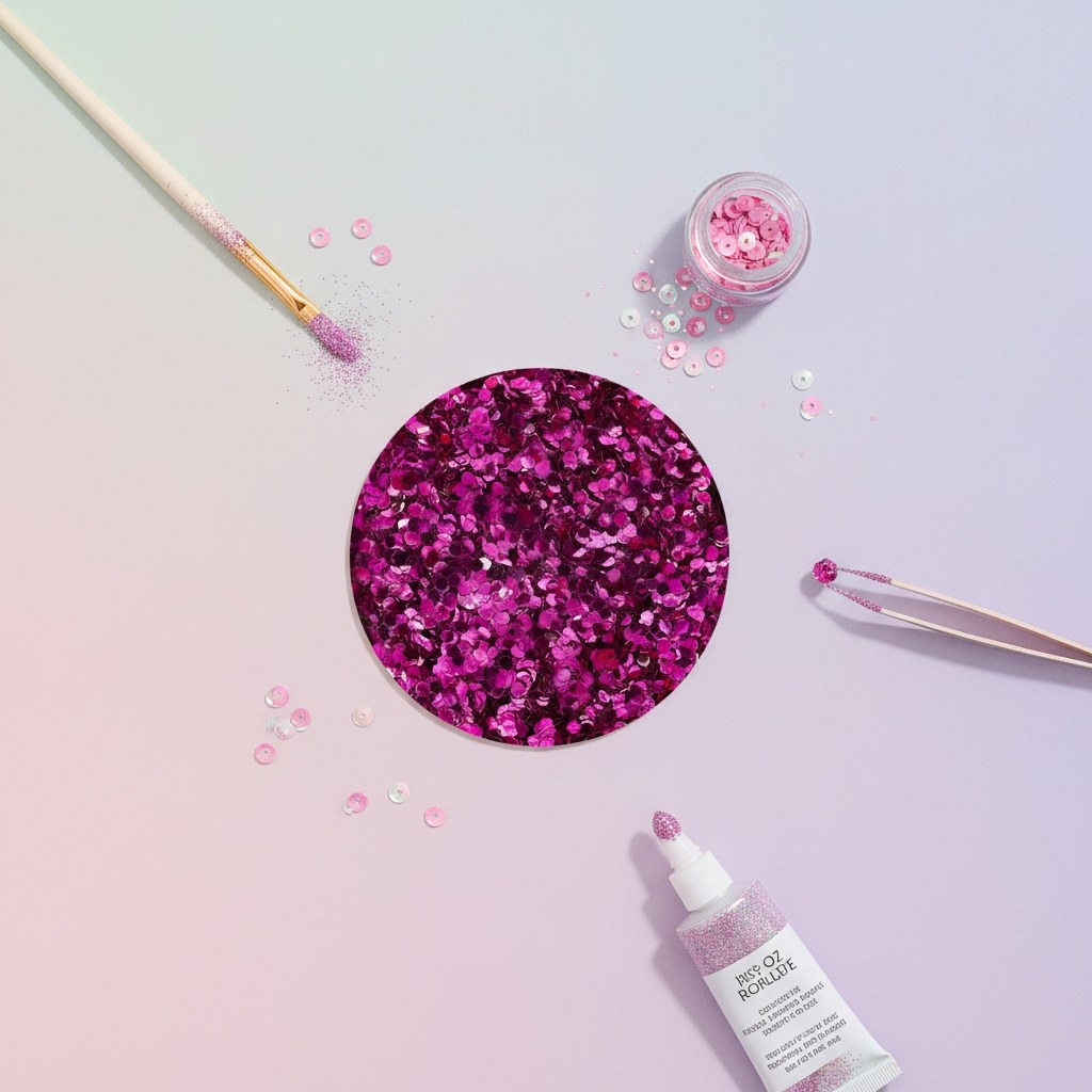 Nahaufnahme feiner Bio-Zellulose-Glitter in leuchtendem Magenta-Pink mit hexagonaler Struktur