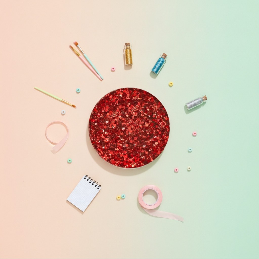 Nahaufnahme feiner, intensiv roter Bio-Glitterpartikel mit starkem Lichtreflex