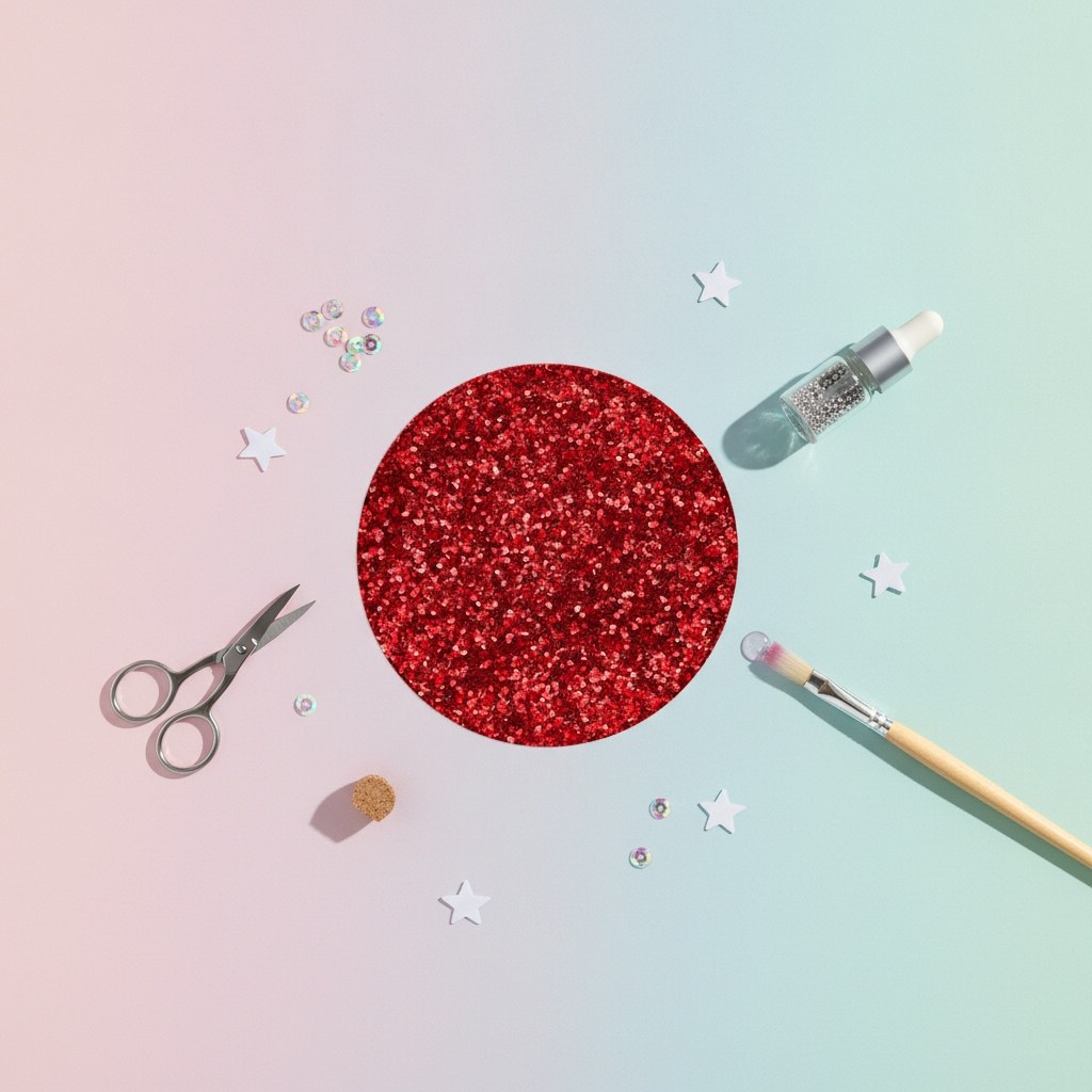Nahaufnahme feine Körnung roter Bio Glitter Partikel mit gleichmäßigen Reflexen