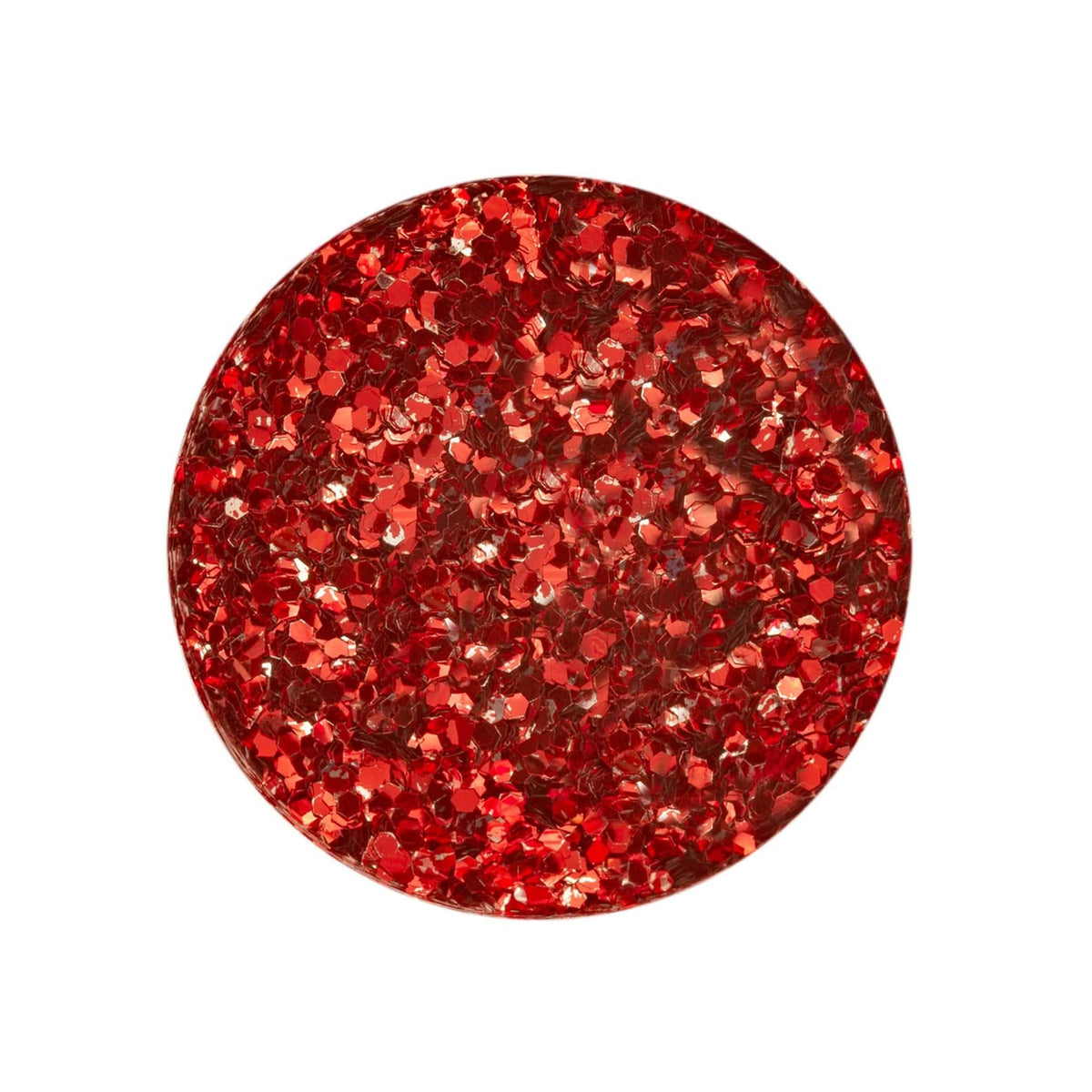 Nahaufnahme feiner, intensiv roter Bio-Glitterpartikel mit starkem Lichtreflex