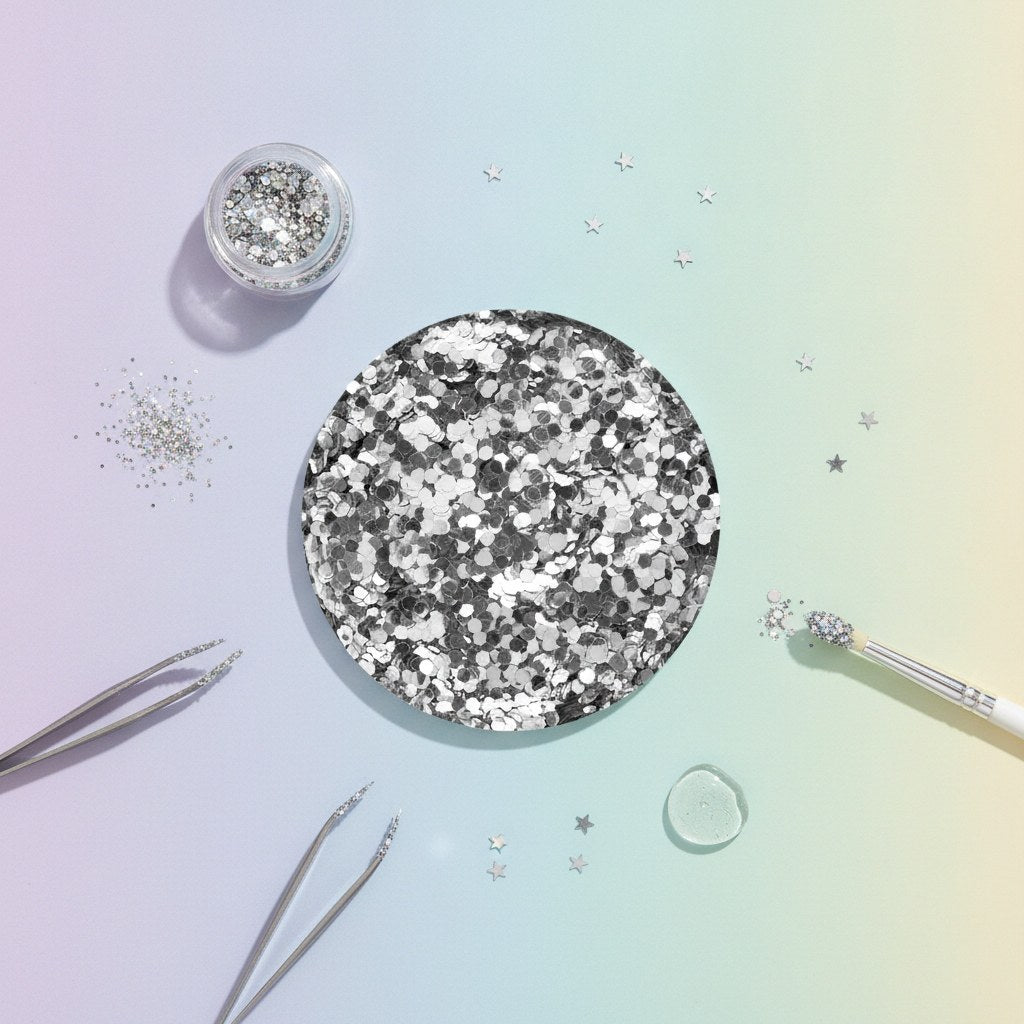 Nahaufnahme feiner silberner Bio-Glitter mit hexagonaler Körnung und metallischem Schimmer
