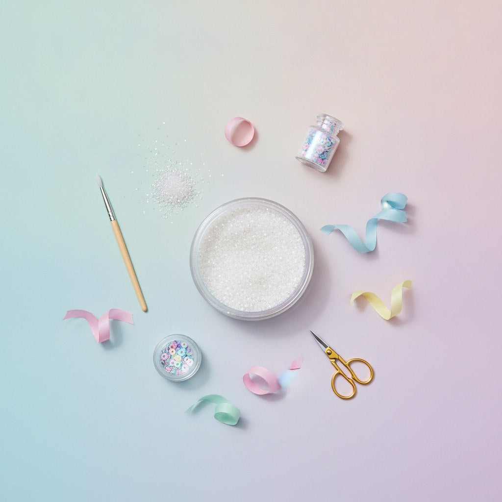 Nahaufnahme feiner weißer Bio Glitter Partikel mit kühl schimmernder Textur