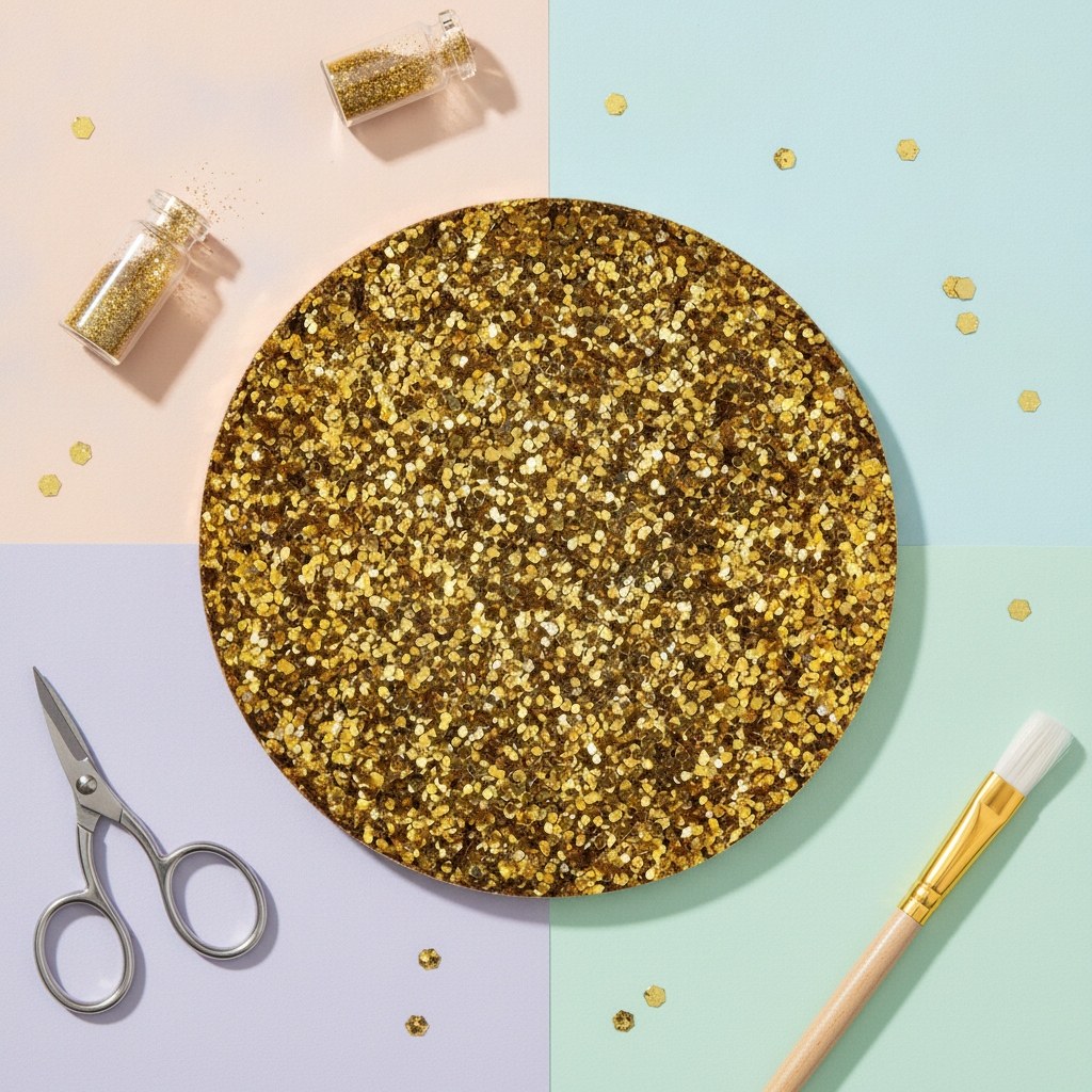 Nahaufnahme feiner Bio-Glitter in Gold mit mikroplastikfreier Zellulose-Textur