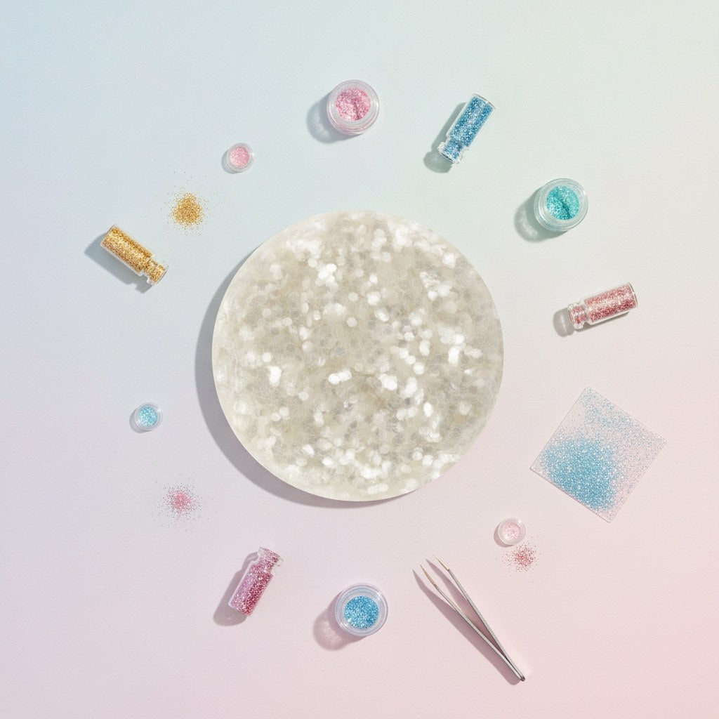 Nahaufnahme feiner weißer Bio-Glitter Partikel mit perlmuttartigem Schimmer