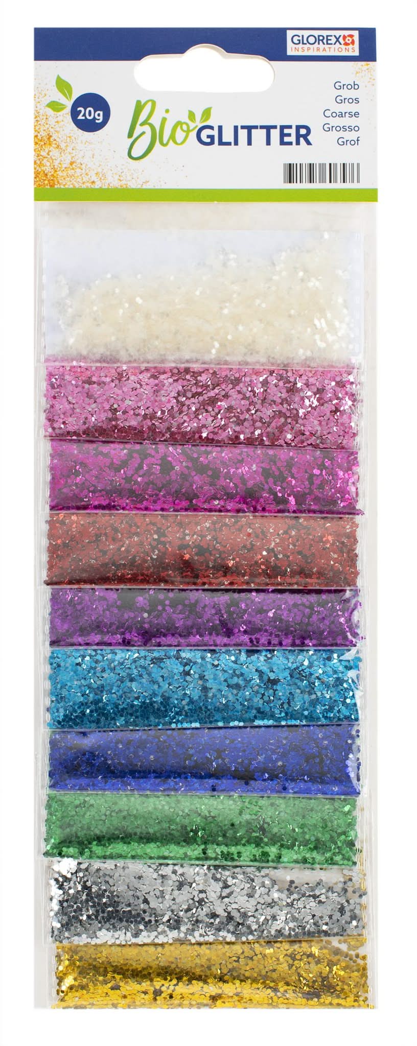 Ensemble de paillettes bio Glorex, 10 couleurs dans un emballage transparent, incluant blanc, rose, cuivre, violet, turquoise, bleu, vert, argent et or