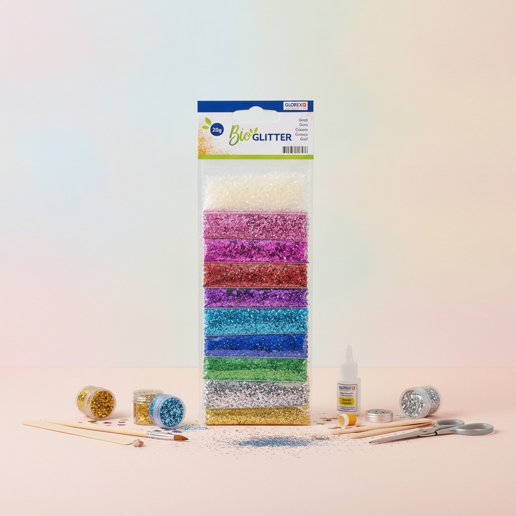 Glorex Bio Glitter grob Set mit 10 Farben in transparenter Verpackung, inkl. Weiß, Rosa, Kupfer, Violett, Türkis, Blau, Grün, Silber und Gold